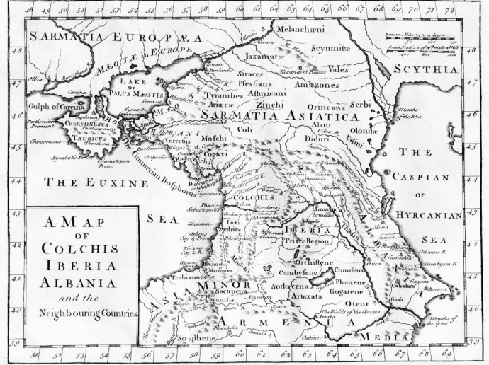 Mapa Kavkazu, Krymu a jižního Ruska vytištěná kolem roku 1770. Albania je historické označení Kaspického moře. Zdroj: www.village-atlas.com