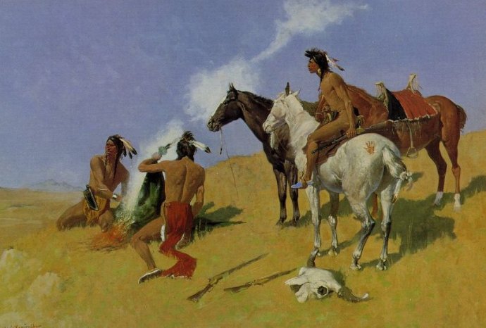 Kouřové signály, Frederic Remington (1861–1909) Zdroj: Amon Carter Museum, Fort Worth, Texas, Wikimedia Commons