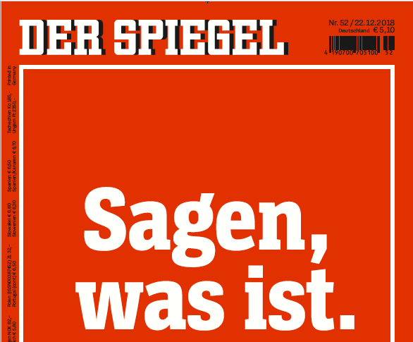 Der Spiegel věnoval 23 stran svého vydání podvodům svého redaktora Claase Relotia. Na titulce je motto týdeníku "Říkat, jak to je." Repro foto: Deník N