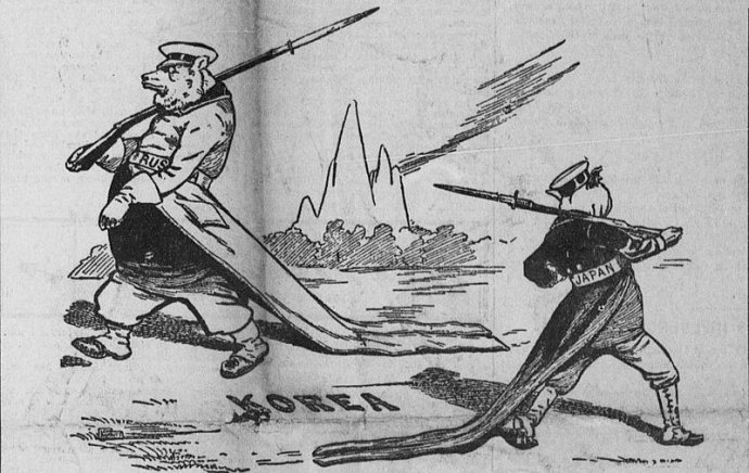 Dobová karikatura z ledna 1904 zobrazuje ruského a japonského vojáka, kteří kolem sebe krouží na Korejském poloostrově. Kresba: Leon Barrit
