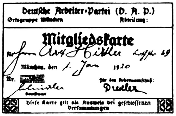 Členská průkazka člena německé politické strany DAP (Deutsche Arbeiterpartei) Adolfa Hitlera, s pořadovým číslem 555 (členové byli pro vyvolání dojmu vyššího počtu počítáni od 501), později Hitlerem zfalšovaným na 7. Foto: Wikimedia Commons, repro: Eloquence