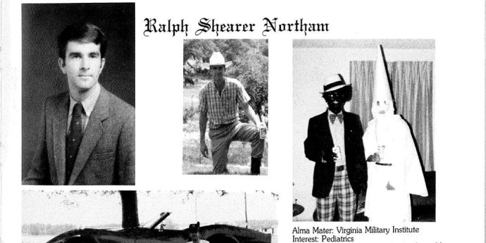 Stránka z výroční knihy současného guvernéra Virginia Ralpha Northama. Nejdřív se za rasistické foto omluvil, druhý den popřel, že by na něm byl on sám. Foto: Eastern Virginia Medical School
