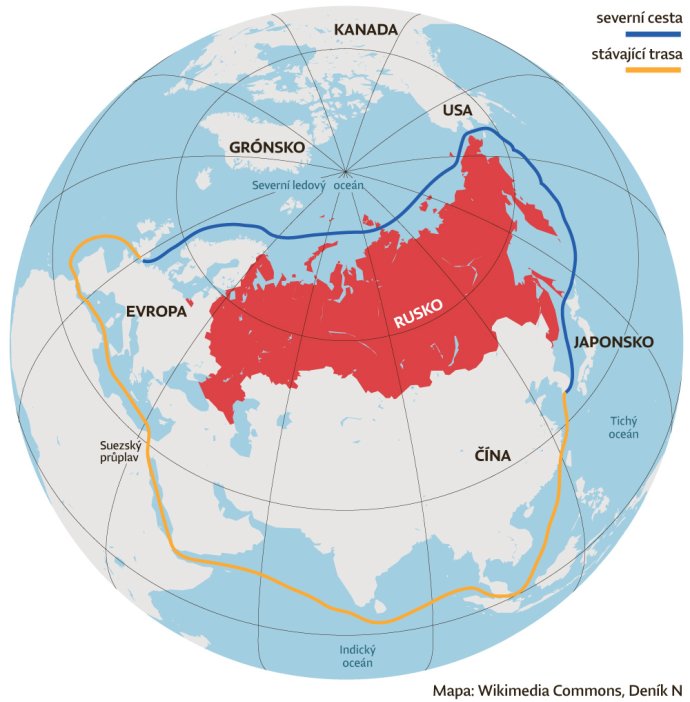 Severní námořní trasí trasa (modeře) Rusku umožní dostat se nejen do Číny. Grafika: Wikimedia Commons a Deník N