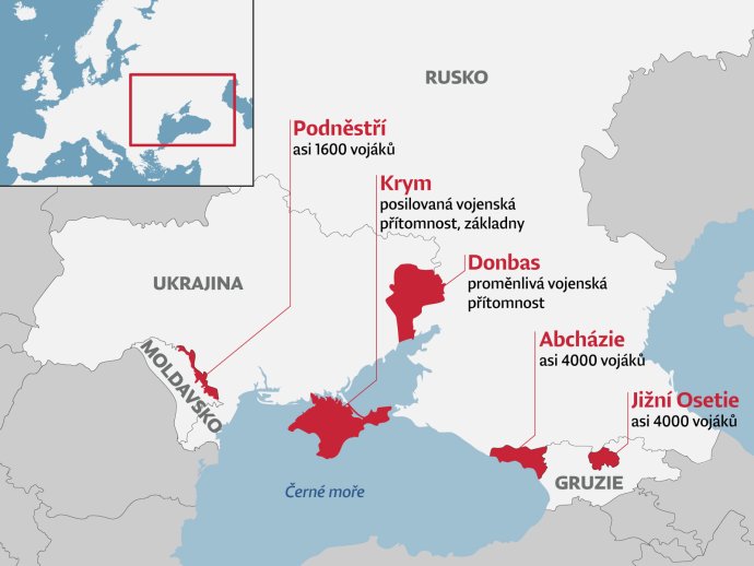 Území okupovaná Ruskem v únoru 2019: Podněstří v Moldavsku, Krym a částečně Donbas na Ukrajině a Abcházie a Jižní Osetie v Gruzii. Mapa: Tomáš Kunc, Deník N