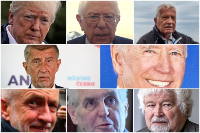 Šedesátníci a sedmdesátníci, z nichž některým by nevadilo vládnout ani mezi osmdesátkou a devadesátkou. Zleva a shora D. Trump, B. Sanders, V. Klaus, A. Babiš, J. Biden, J. Corbyn, M. Zeman a P. Pithart. Koláž Deníku N. Foto: Y. Gripas / Reuters, videokampaň B. Sanderse, ČTK, L. Hradílek / Deník N, I. Ibbetson, Twitter J. Corbyna, ČTK a G. Kuchta / Deník N