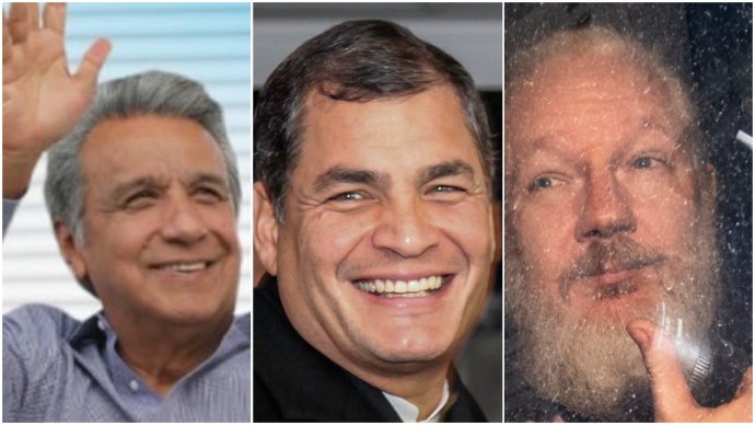 Ekvádorský prezident Lenín Moreno, jeho předchůdce Rafael Correa v roce 2013 a zakladatel WikiLeaks Julian Assange při zatčení 13. dubna 2019. Foto: Morenův twitterový účet, úřad ekvádorského prezidenta a Victoria Jonesová, AP / ČTK