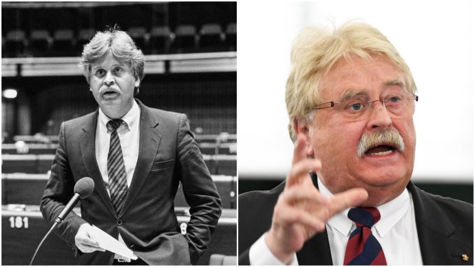 Doyen Evropského parlamentu, služebně nejstarší europoslanec, Němec Elmar Brok, vykonávající mandát v letech 1980–2019. Vlevo v roce 1983, vpravo v současnosti. Foto: © Communautés européennes, 1983, a Genevieve Engelová, © European Union 2019
