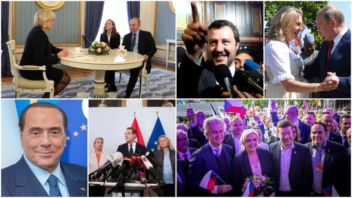 Koláž fotografií představitelů stran evropské krajně pravicové scény. M. Le Penová, M. Salvini, K. Kneisslová, S. Berlusconi, H.-C. Strache, G. Wilders, T. Okamura a dvakrát V. Putin. Foto: Kreml, Reuters, EPP, AP/ČTK a Deník N