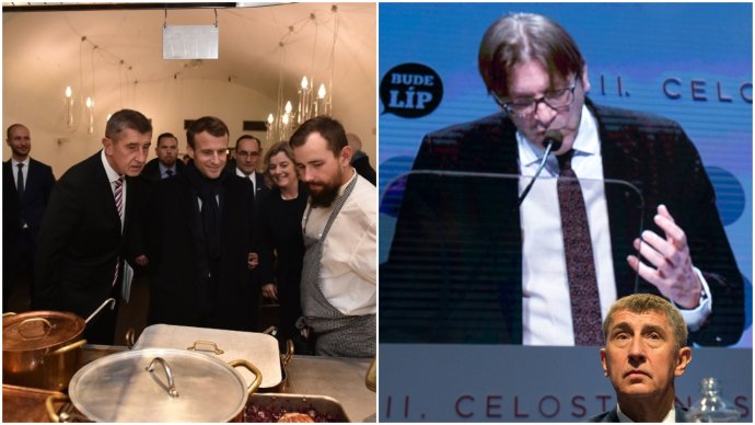 Andrej Babiš s politiky, s nimiž si přeje být spojen, francouzským prezidentem Macronem a belgickým expremiérem Verhofstadtem, klíčovými postavami evropských liberálů v ALDE. Foto: Twitter AB a Deník N