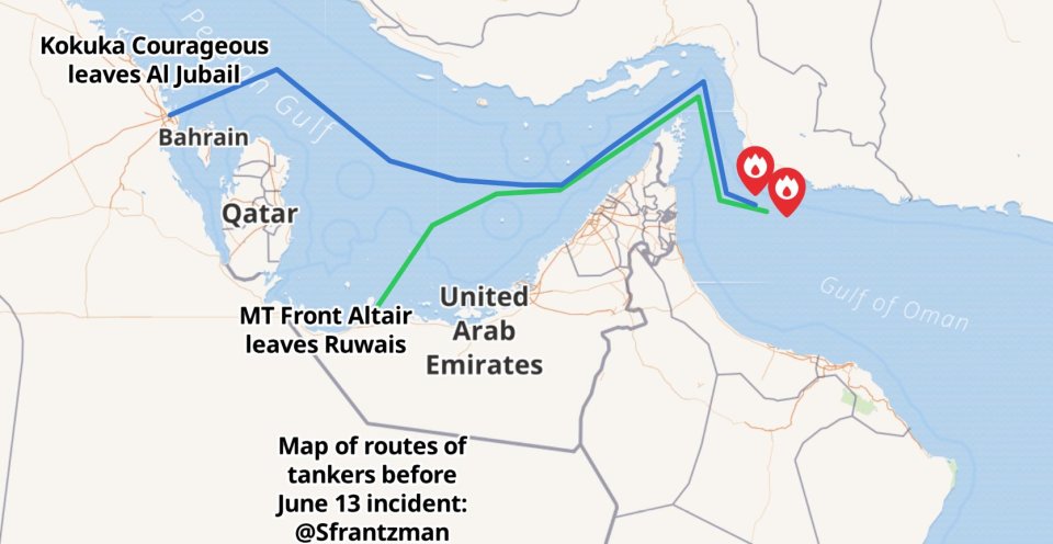 Přibližná mapa trasy dvou tankerů. Zdroj: Twitter, @sfrantzman