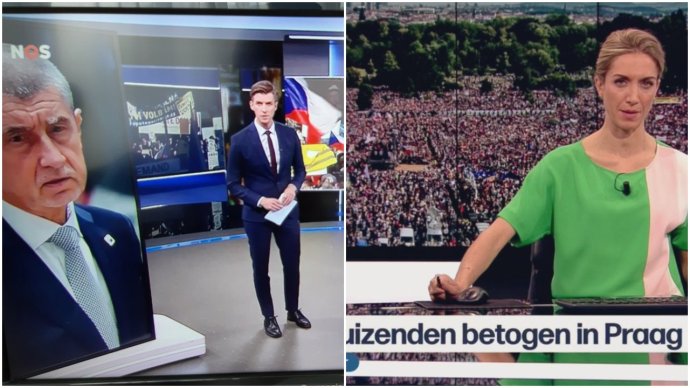 Pražská demonstrace v nizozemské a vlámské televizi. Koláž: Deník N