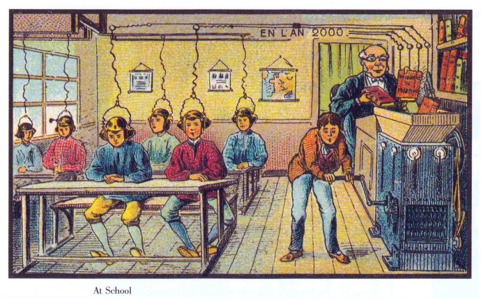 Představa z roku 1901, jak bude vypadat škola za sto let. Leckdo by řekl, že docela výstižná. Obr.: dobová francouzská karikatura, public domain