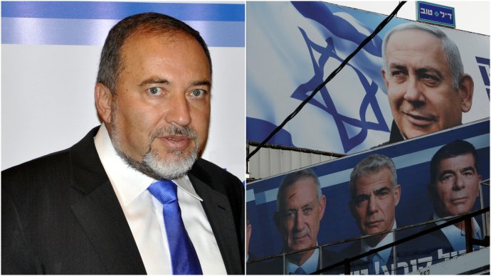 Avigdor Lieberman, Benjamin Netanjahu nahoře a Benny Ganc pod ním první zleva. Foto: M. Thaidigsmann a N. Elias, Reuters. Koláž: Deník N