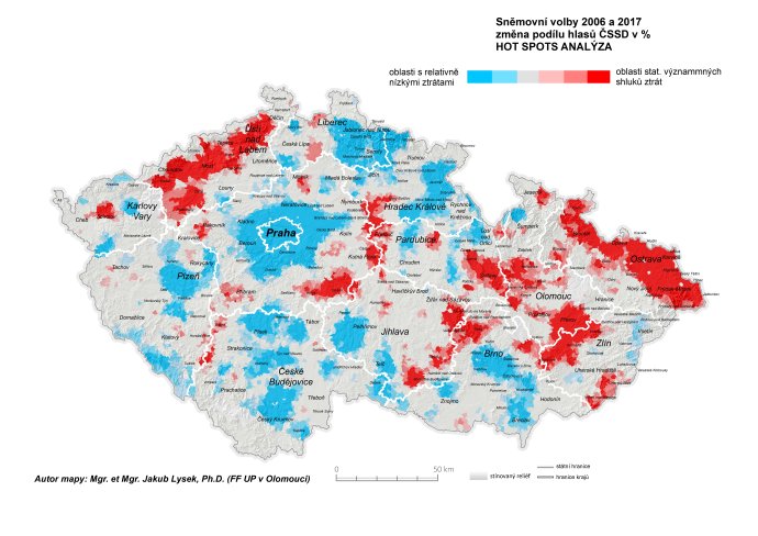 Volební ztráty ČSSD mezi volbami 2006 a 2017. Červená – nejsilnější ztráty, modrá – nejslabší ztráty.