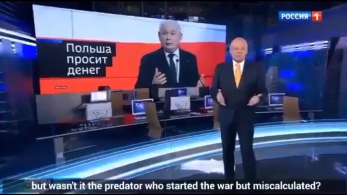 Prokremelská televize Rossija 1 – Pěrvyj kanal a nejznámější propagandista, moderátor Kiseljov. Foto: repro Rossija 1