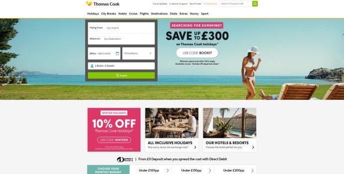 Thomas Cook – hlavní strana webu cestovní kanceláře před jejím uzavřením 23. 9. 2019. Zdroj: Thomas Cook