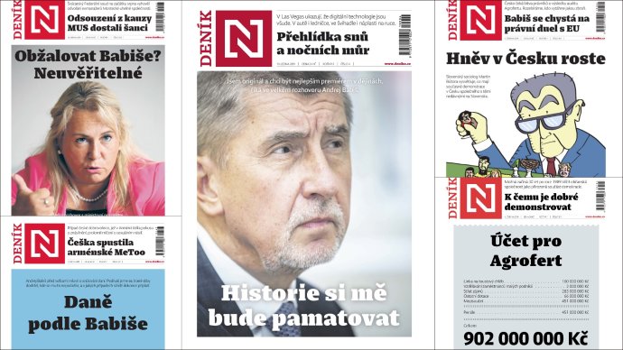 Andrej Babiš na titulních stranách Deníku N. Foto: Deník N