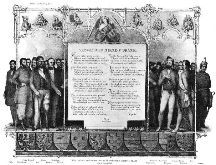 Pamětní list účastníků Slovanský sjezd 1848 v Praze na Žofíně mezi nimiž byli například F. L. Rieger, F. Palacký či P. J. Šafařík.