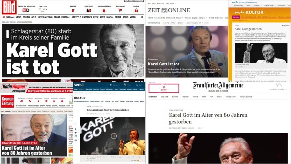 Zprávy o smrti Karla Gotta v německých médiích – Bild, Zeit, MDR, Welt, Frankfurter Allgemeine – i v Rakouských – Kronen Zeitung. Koláž: Deník N