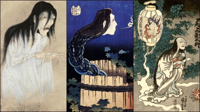Podoba japonského ducha júrei (vlevo) a dva nejznámější nenávistní duchové onrjó v japonské tradici: ve studni zavražděná služebná Okiku (uprostřed) a nevěrným manželem otrávená Oiwa (vpravo). Foto: Sawaki Súši, Hokusai, Kunijoši, Wikimedia Commons