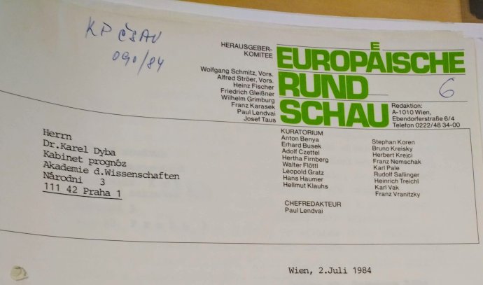 Český ekonom Karel Dyba a rakouský časopis Europäische Rundschau. Spolupráce, k níž v roce 1984 nedošlo. Zdroj: Archiv Akademie věd ČR