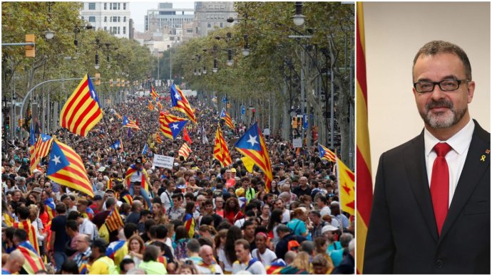 Katalánská demonstrace v Barceloně a katalánský ministr zahraničí Alfred Bosch. Foto: Albert Gea, Reuters a Consell executiu