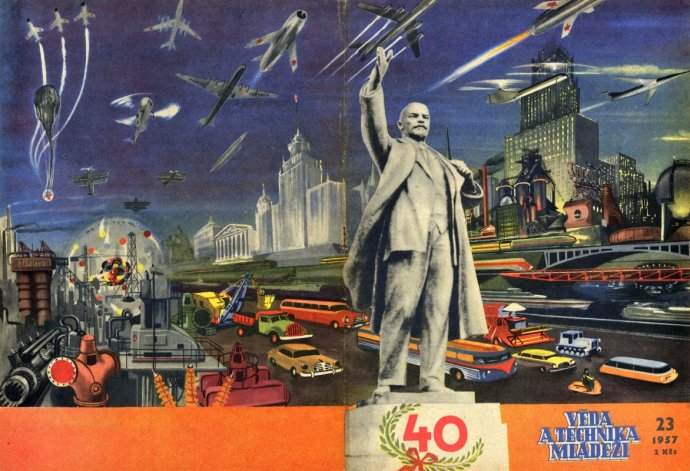 Ilustrace Teodora Rotrekla na obálce časopisu VTM představuje dobu, kdy se ještě věřilo, že socialistické zítřky budou zářné.