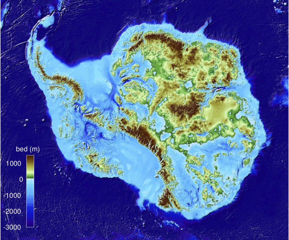 Nová mapa Antarktidy ukazuje, jak by nejjižnější kontinent vypadal bez ledového příkrovu. Foto: Mathieu Morlighem / UCI