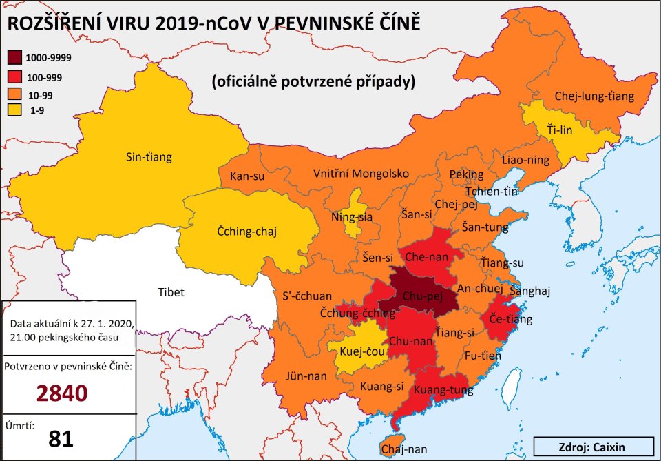 Potvrzené případy infekce 2019-nCoV v pevninské Číně. Foto: Caixin, Deník N