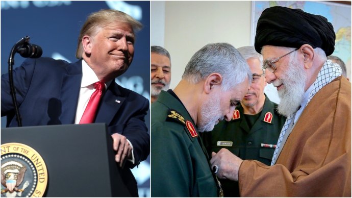 Donald Trump se v koláži naklání ke Kásemovi Solejmánímu, kterého vyznamenává ajatolláh Chameneí. Foto: Gage Skidmore, Flickr a Khamenei.ir. Koláž: Deník N