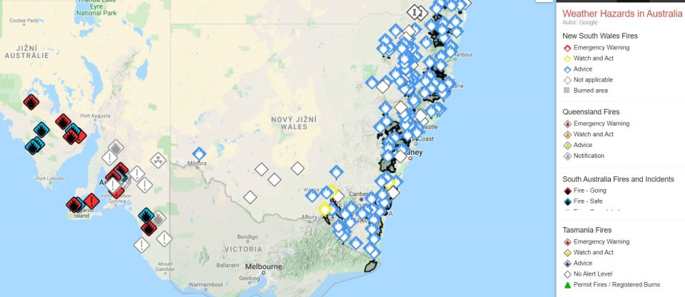 Požáry zasažené státy Nový Jižní Wales a Jižní Austrálie. Foto: Crisismap Australie, Google