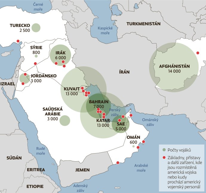 Počty a rozmístění vojáků USA u Perského zálivu. Data podle deníku Washington Post, mapa Deník N