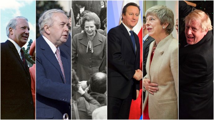 Za 47 let členství země v EU vládlo Británii 10 premiérů. Šest z nich je zde: Británie vstoupila za E. Heatha, schvalující referendum uskutečnila za H. Wilsona, nejvýrazněji a nejdéle se do evropských dějin zapsala M. Thatcherová, nové referendum vypsal D. Cameron, jednání o brexitu vedla a nakonec nezvládla T. Mayová a brexit dokončí B. Johnson. Koláž: Deník N