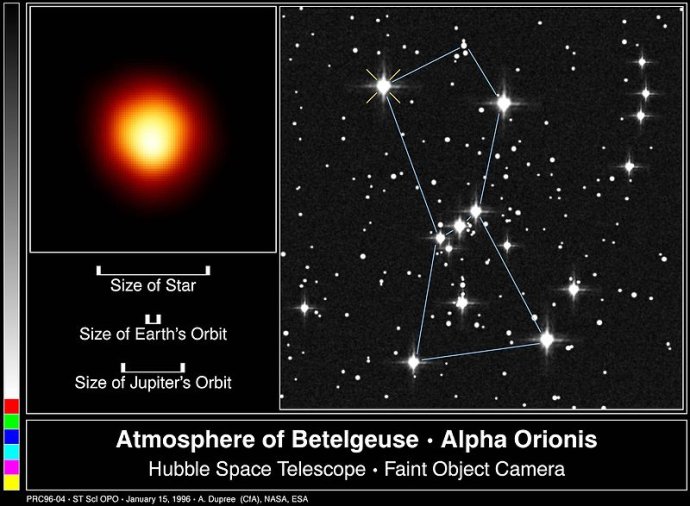 Betelgeuze a její poloha v souhvězdí Orionu. Tento snímek ovšem nepochází z ESA, ale z Hubbleova vesmírného teleskopu. Foto: NASA