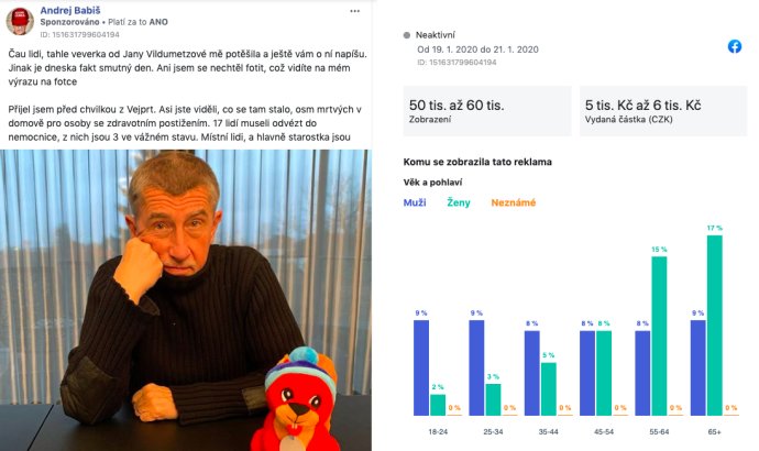 Facebooková reklama na účtu premiéra Andreje Babiše. Zdroj: Facebook Ads