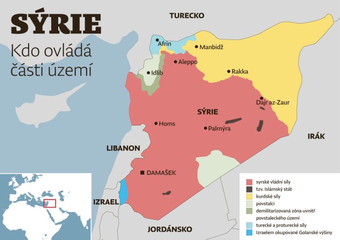 Mapa Sýrie – kdo ovládá jaké území. Únor 2020. Mapa: Deník N