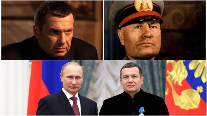 Prominentní prorežimní moderátor Vladimir Solovjev obdivuje dva muže - Mussoliniho a Putina. Zdroj: wikipedia/kremlin.ru