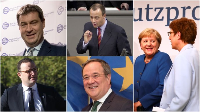 Čtyři muži, z nichž jeden by mohl nahradit dvě ženy. Söder, Merz, Spahn a Laschet, vpravo Merkelová, která odešla, a Kramp-Karrenbauerová, která ji neúspěšně nahradila. Foto: EU, Bundestag a úřad spolkové vlády