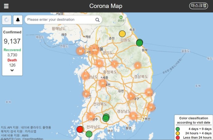 Z jihokorejských digitálních nástrojů pro boj s koronavirem: Corona Map trasuje potvrzené případy nákazy a hodnotí riziko lokalit. Foto: repro Coronamap.site