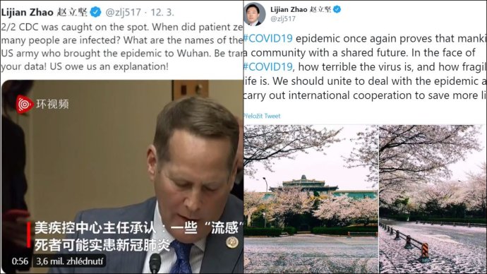 Obviňování armády USA i „sdílený osud lidstva“ na Twitteru Čao Li-ťiena. Nový mluvčí čínské diplomacie má na Twitteru velký dosah, sleduje ho skoro půl milionu uživatelů. Foto: repro Twitter