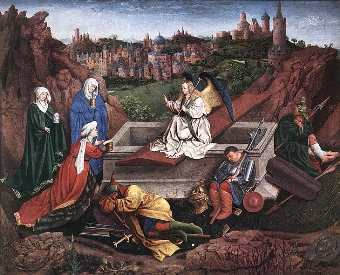 Tři Marie u prázdného hrobu. Hubert van Eyck. Olej na dřevě, vytvořeno mezi lety 1425 až 1435. Zdroj: Museum Boijmans Van Beuningen, Wikimedia Commons