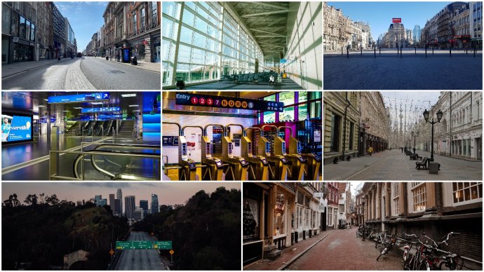 Liduprázdné ulice měst ve světě během pandemie koronaviru. Koláž: Deník N