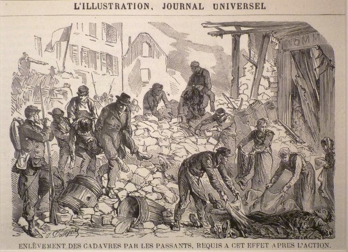 Dobová kresba barikády, které komunardi na obranu před Thiersovými jednotkami postavili po celé Paříži. Reprodukce novinové ilustrace Alfreda Darjoua z roku 1871.