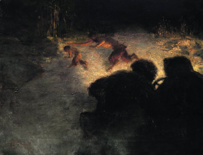 Slavný obraz Bedřicha Knüpfera Fauni prchající před automobilem z roku 1905 ilustruje nezadržitelný krok techniky. Foto: Národní galerie Praha