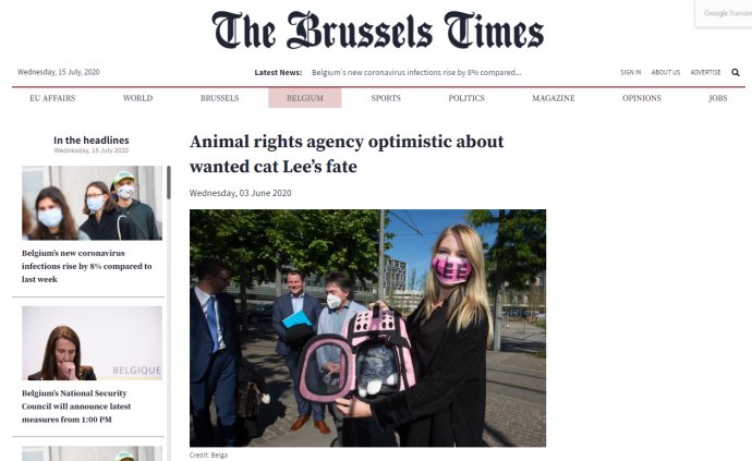 Nejrozšířenější anglicky psaný zpravodajský web v Belgii The Brussels Times své čtenáře o kauze kocoura Leeho opakovaně informoval.