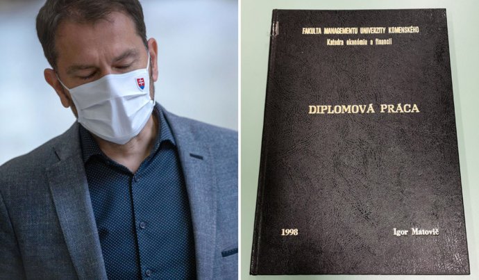 Slovenský premiér Igor Matovič a jeho diplomová práce. Foto: Tomáš Benedikovič, Denník N
