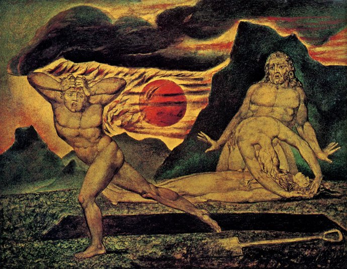 Jedny z nejpůsobivějších vizí pádu člověka vytvořil na počátku 19. století William Blake. Zde vidíme Kaina prchajícího před Abelem, 1826. Repro: Tate Britain
