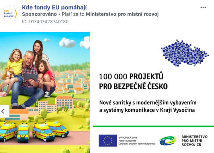 Jedna z facebookových reklam, za něž platí MMR v rámci propagace fondů EU. Zdroj: Facebook Ads