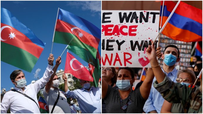 Ázerové a Arméni proti sobě kvůli bojům o Karabach protestují i v Istanbulu (vlevo) a v Los Angeles. Foto: Murad Sezer a Mike Blake, Reuters