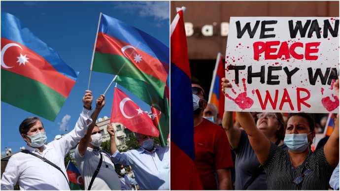 Ázerové a Arméni proti sobě kvůli bojům o Karabach protestují i v Istanbulu (vlevo) a v Los Angeles. Foto: Murad Sezer a Mike Blake, Reuters